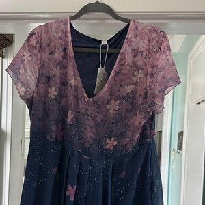 Navy and Pink Floral V-Neck Dress